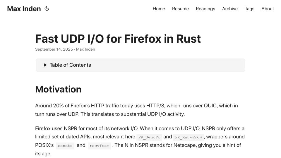 Screenshot of max-inden.de: Fast UDP I/O for Firefox in Rust