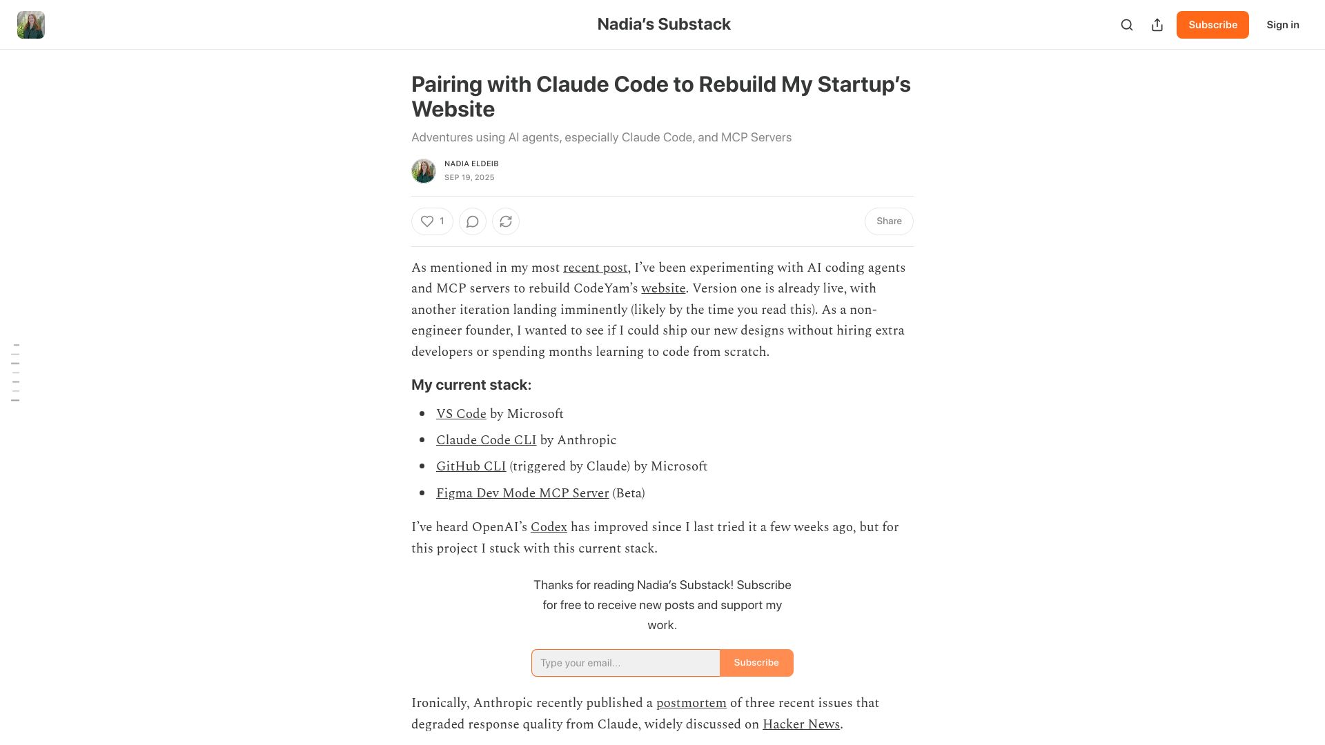 Screenshot of blog.nseldeib.com: Pairing with Claude Code to rebuild my startup's website