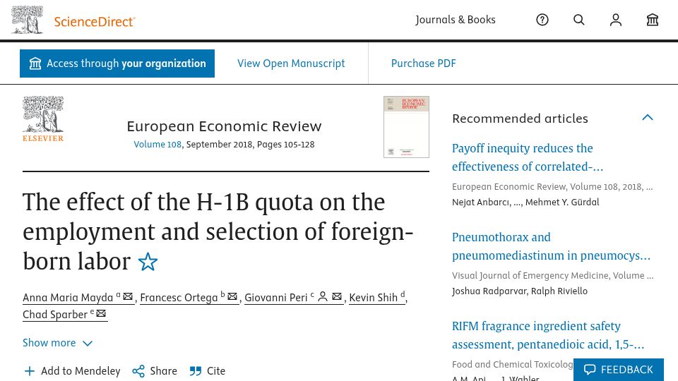Screenshot of doi.org: The effect of H-1B quota on employment and selection of foreign-born labor (2018)