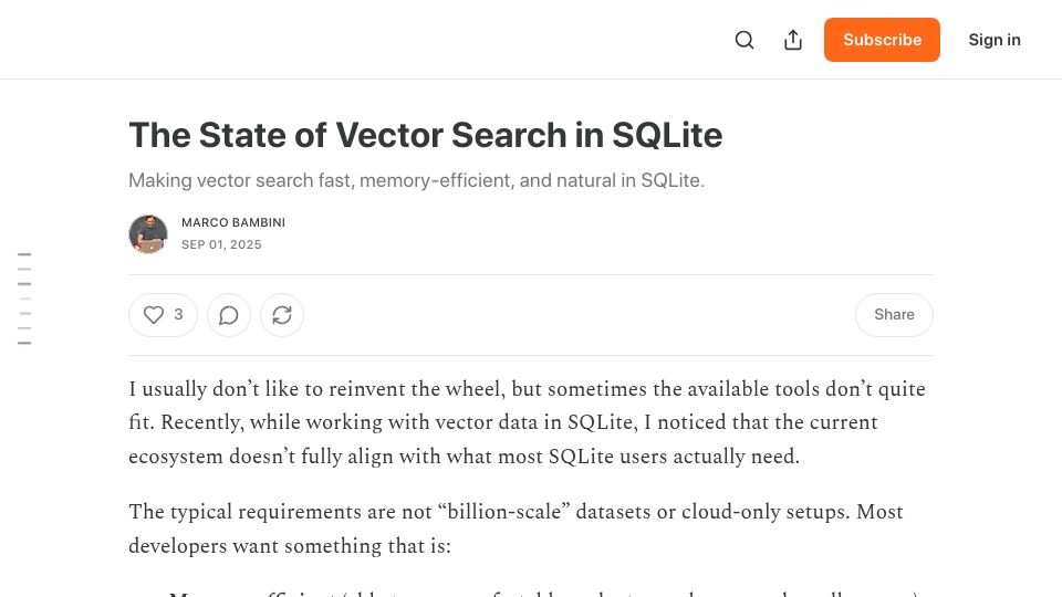 Screenshot of marcobambini.substack.com: Ultra efficient vector extension for SQLite