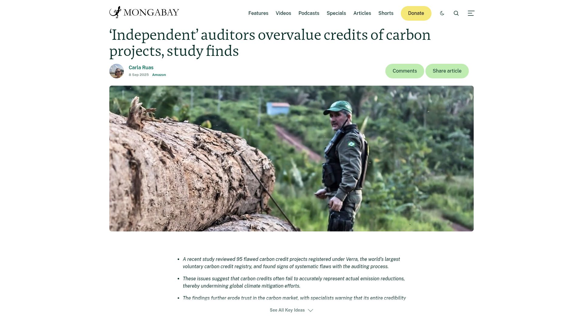 Screenshot of news.mongabay.com: 'Independent' auditors overvalue credits of carbon projects, study finds
