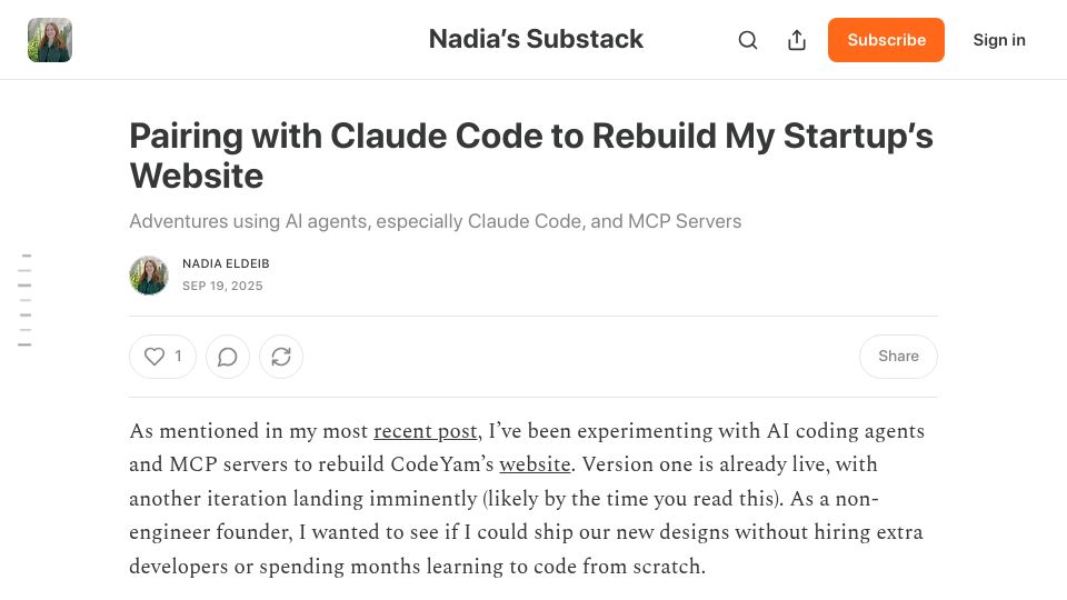 Screenshot of blog.nseldeib.com: Pairing with Claude Code to rebuild my startup's website