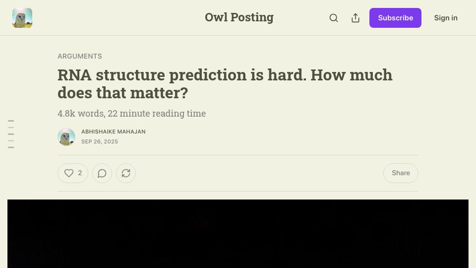 Screenshot of owlposting.com: RNA structure prediction is hard. How much does that matter?
