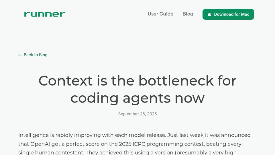 Screenshot of runnercode.com: Context is the bottleneck for coding agents now