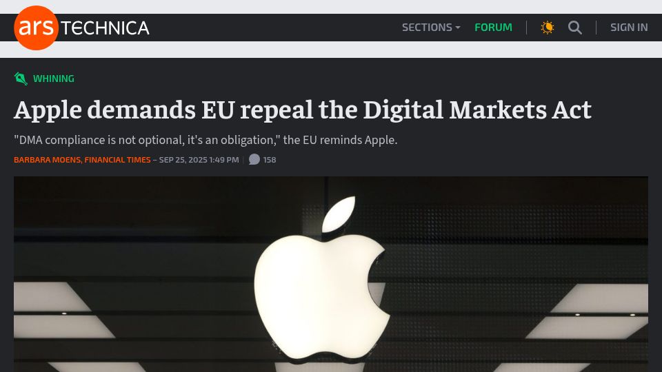 Screenshot of arstechnica.com: Apple Demands EU Repeal the Digital Markets Act