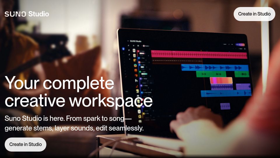 Screenshot of suno.com: Suno Studio, a Generative AI DAW