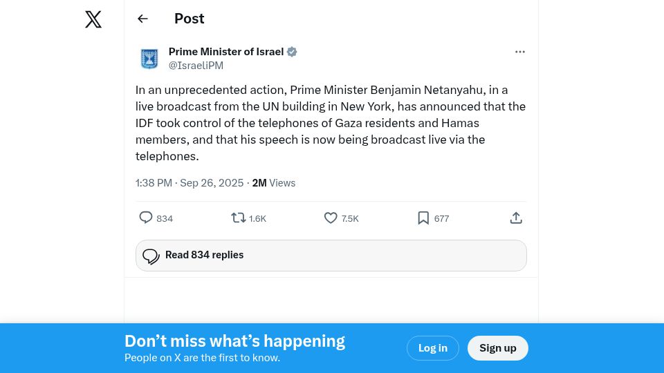 Screenshot of twitter.com: Israel hacked every Gaza cellphone to stream PM Netanyahu's UN Speech live