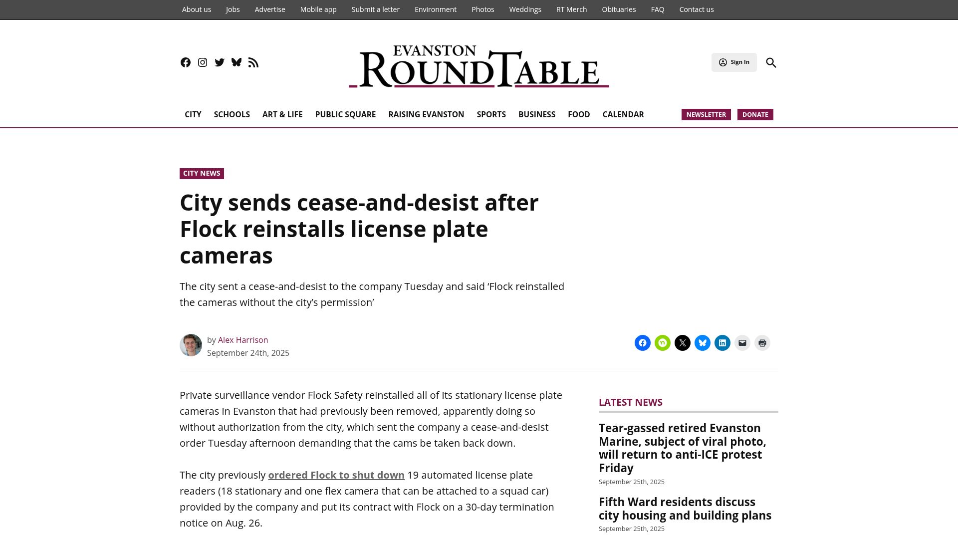Screenshot of evanstonroundtable.com: Evanston orders Flock to remove reinstalled cameras