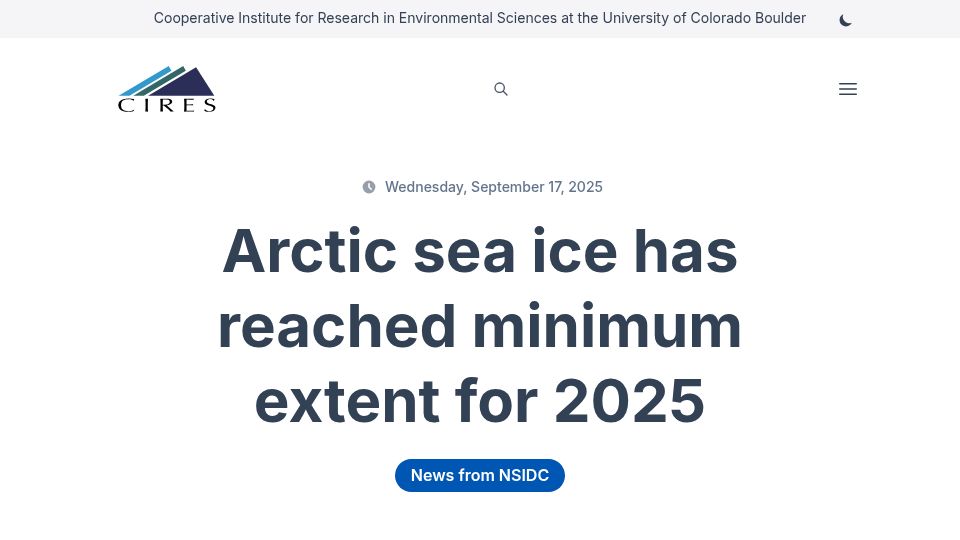Screenshot of cires.colorado.edu: Arctic sea ice has reached minimum extent for 2025