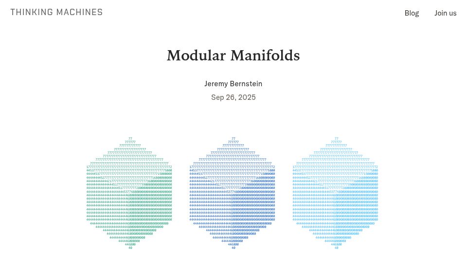 Screenshot of thinkingmachines.ai: Modular Manifolds