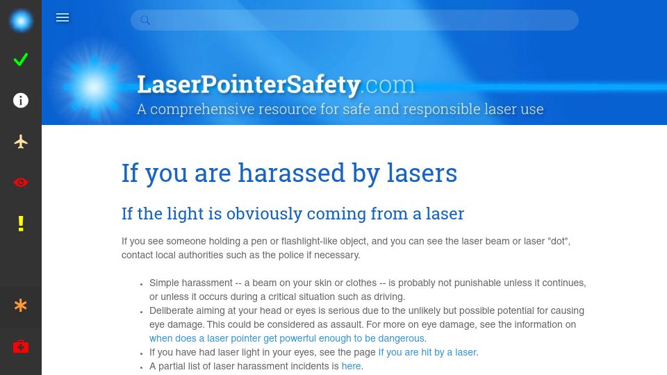 Screenshot of laserpointersafety.com: If you are harassed by lasers