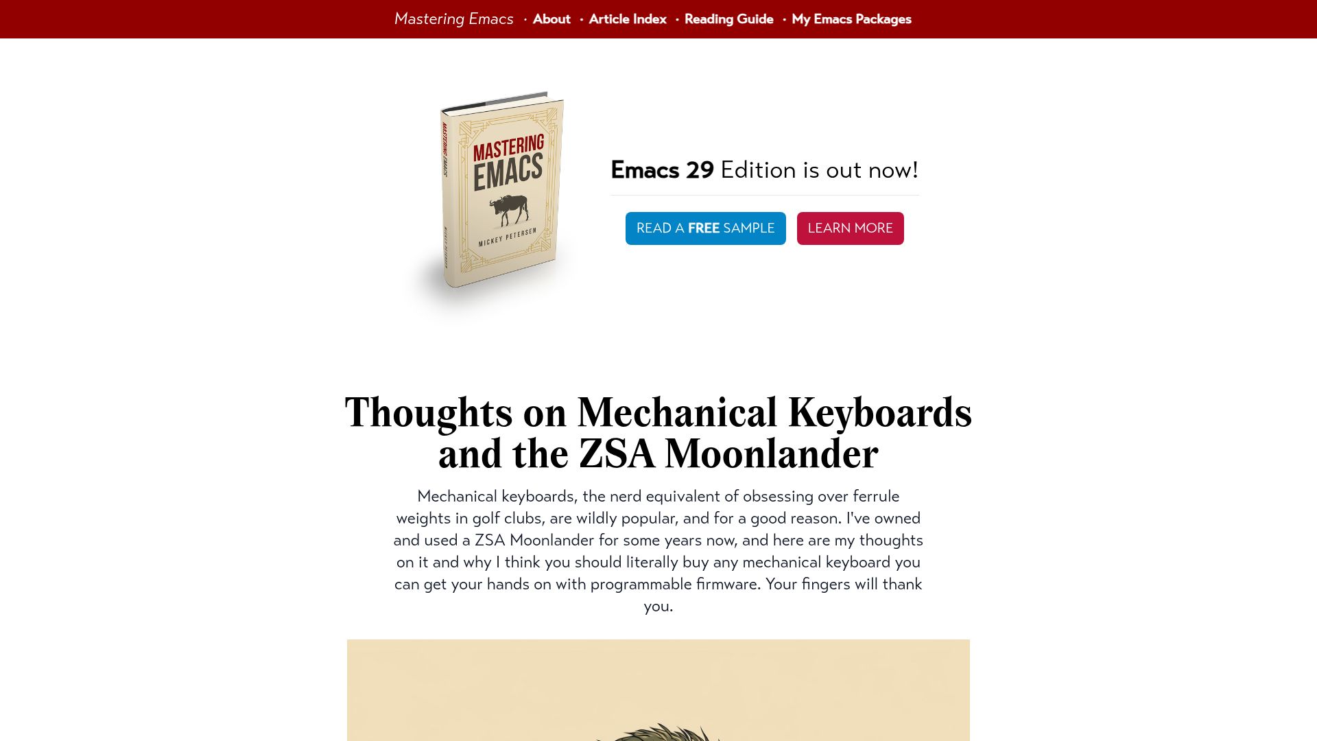 Screenshot of masteringemacs.org: Thoughts on Mechanical Keyboards and the ZSA Moonlander