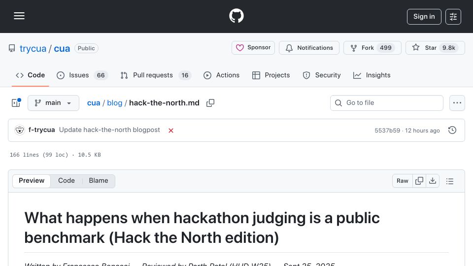 Screenshot of github.com: When hackathon judging is a public benchmark: my report from Hack the North