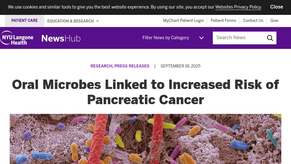 Screenshot of nyulangone.org: Oral Microbes Linked to 3-Fold Increased Risk of Pancreatic Cancer