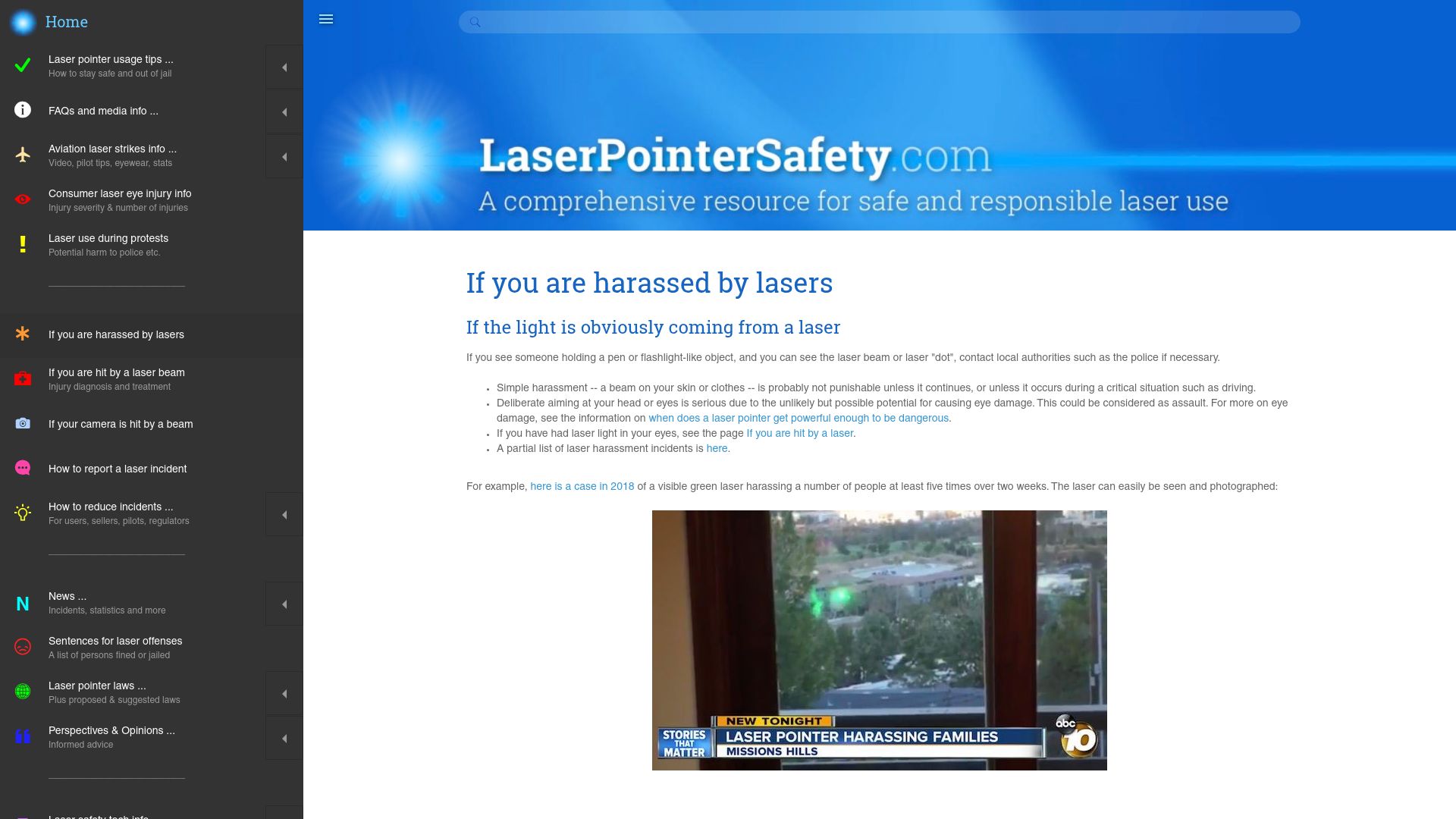 Screenshot of laserpointersafety.com: If you are harassed by lasers