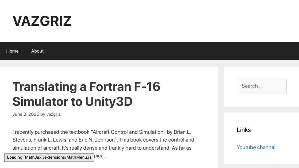 Screenshot of vazgriz.com: Translating a Fortran F-16 Simulator to Unity3D
