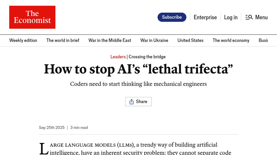 Screenshot of economist.com: How to stop AI's "lethal trifecta"