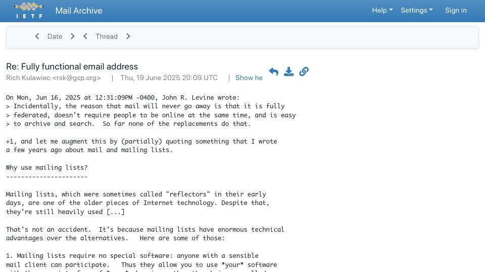 Screenshot of mailarchive.ietf.org: Why use mailing lists?