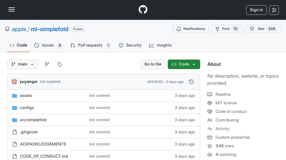 Screenshot of github.com: SimpleFold: Folding proteins is simpler than you think