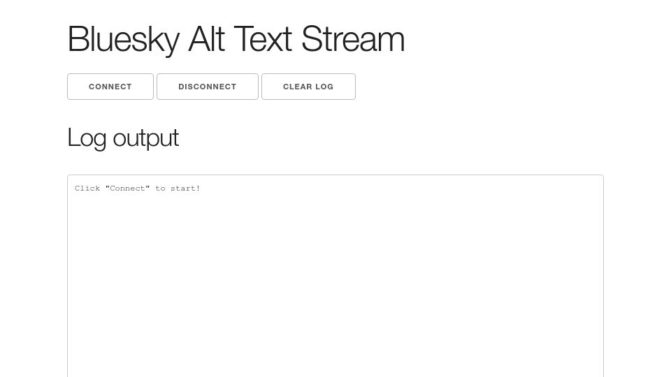 Screenshot of bobbiec.github.io: Bluesky Alt Text Stream