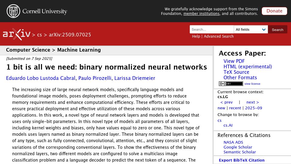 Screenshot of arxiv.org: Bit is all we need: binary normalized neural networks