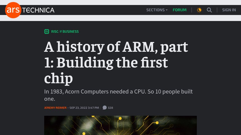 Screenshot of arstechnica.com: A history of ARM, part 1: Building the first chip (2022)