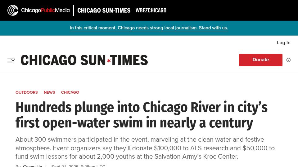 Screenshot of chicago.suntimes.com: Hundreds plunge into Chicago River in first open-water swim in nearly a century