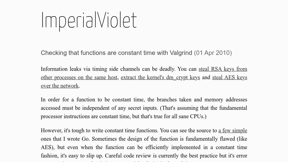 Screenshot of imperialviolet.org: Checking that functions are constant time with Valgrind (2010)