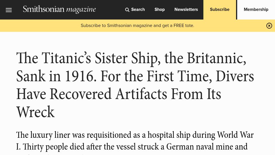 Screenshot of smithsonianmag.com: Titanic's sister, Britannic, sank in 1916. Divers have recovered artifacts