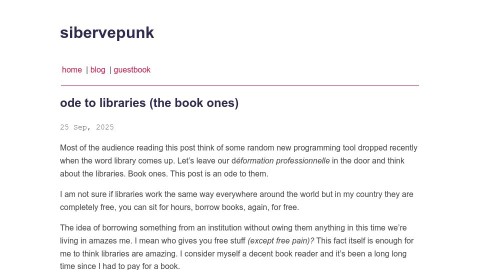 Screenshot of sibervepunk.com: Ode to Libraries from a Remote Worker
