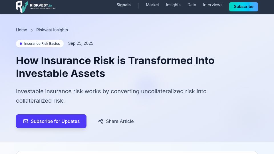Screenshot of riskvest.io: How insurance risk is transformed into investable assets