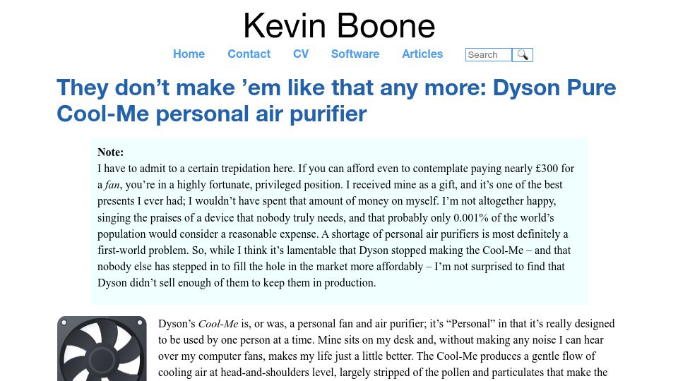 Screenshot of kevinboone.me: They don't make 'em like that any more: Dyson Pure Cool-Me personal air purifier