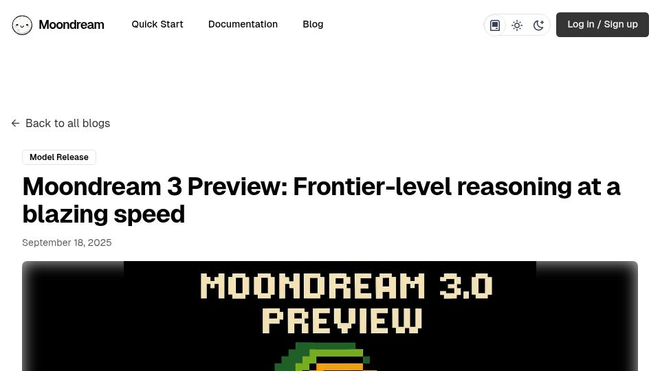 Screenshot of moondream.ai: Moondream 3 Preview: Frontier-level reasoning at a blazing speed
