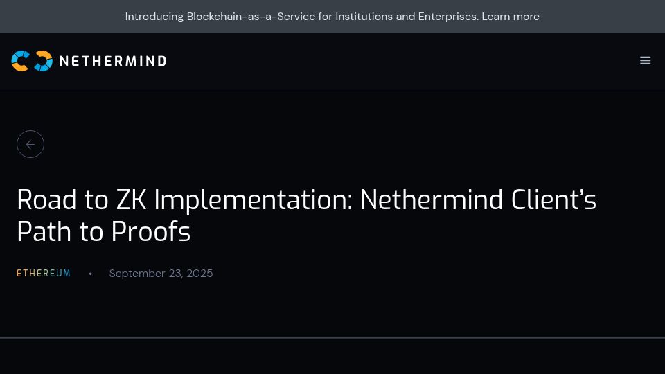 Screenshot of nethermind.io: Road to ZK Implementation: Nethermind Client's Path to Proofs