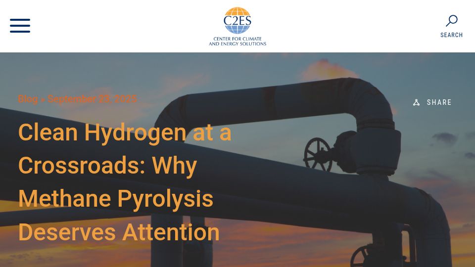 Screenshot of c2es.org: Clean Hydrogen at a Crossroads: Why Methane Pyrolysis Deserves Attention