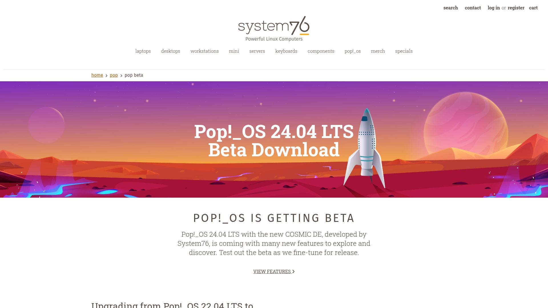 Screenshot of system76.com: Pop OS 24.04 LTS Beta