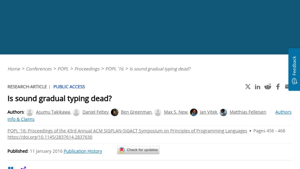 Screenshot of dl.acm.org: Is sound gradual typing dead? Performance problems in Typed Racket (2016)