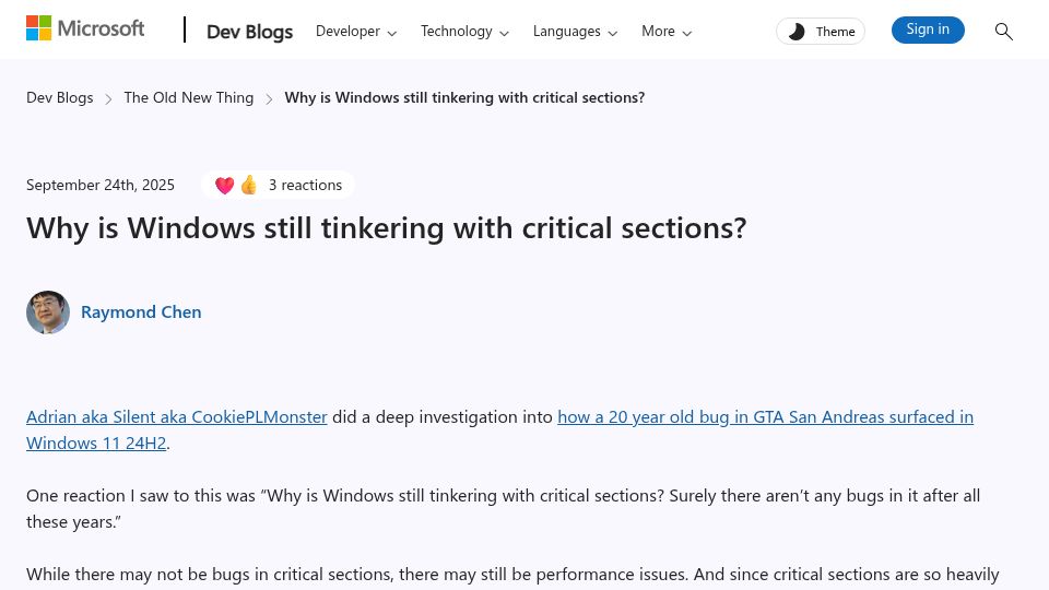 Screenshot of devblogs.microsoft.com: Why is Windows still tinkering with critical sections? – The Old New Thing
