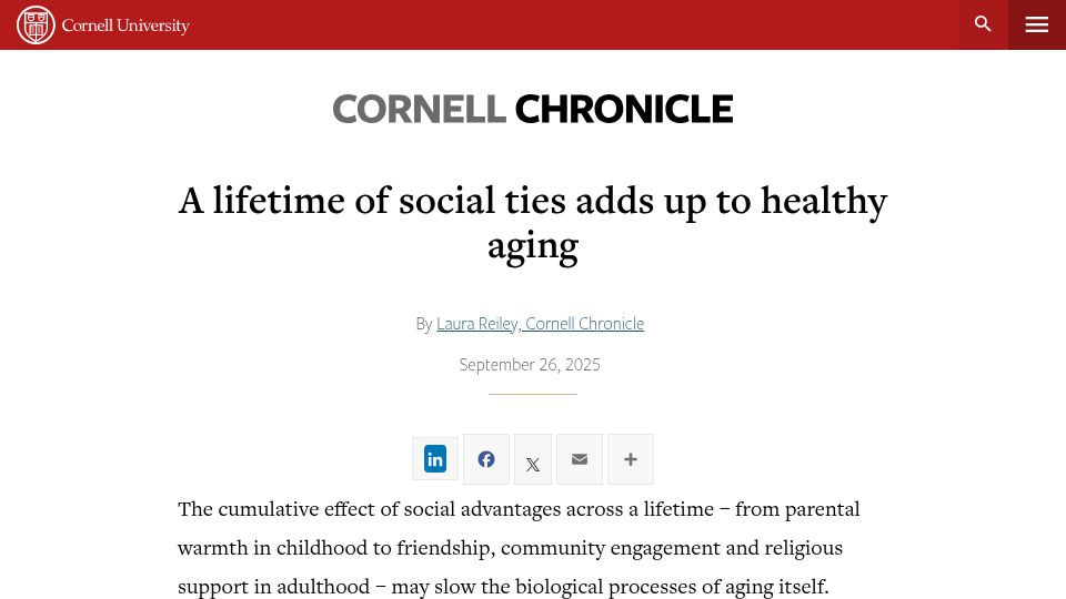 Screenshot of news.cornell.edu: A lifetime of social ties adds up to healthy aging