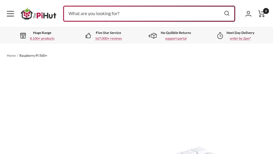 Screenshot of thepihut.com: RPi 500 arrives with mechanical switches, RGB LED backlit keys