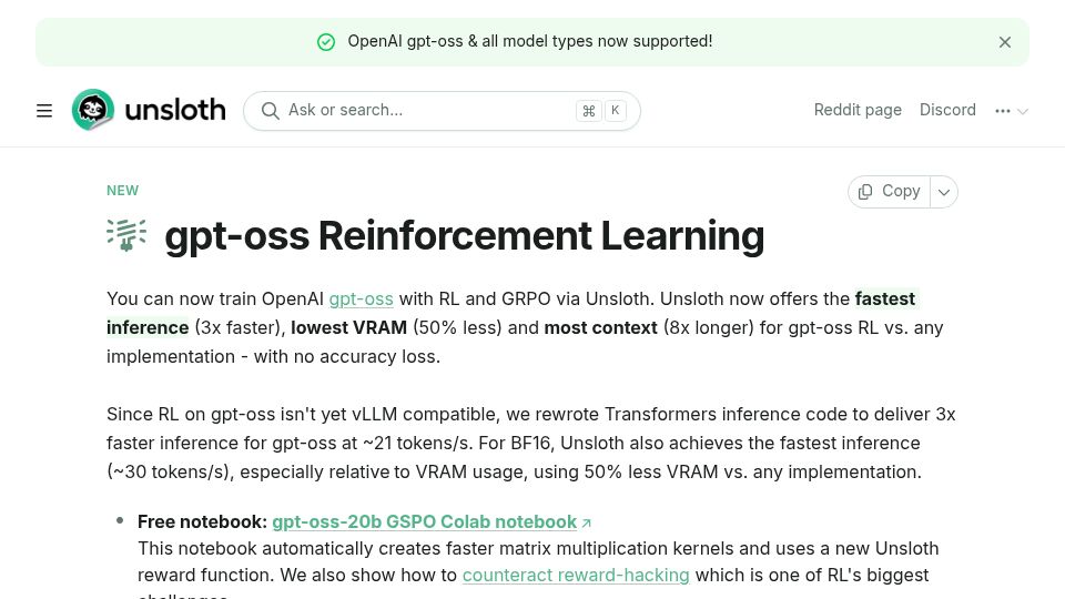Screenshot of docs.unsloth.ai: GPT-OSS Reinforcement Learning