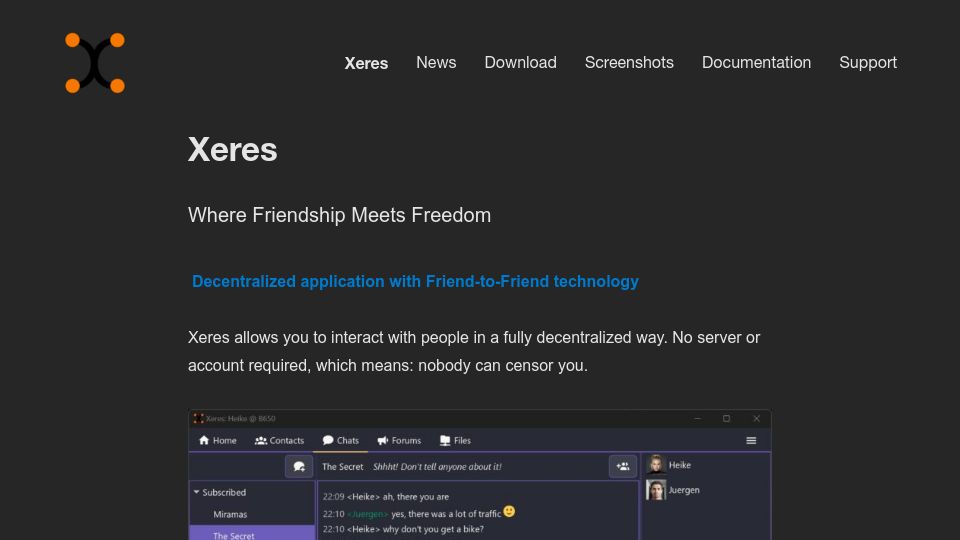 Screenshot of xeres.io: Xeres: Uncensorable Peer-to-Peer Communications