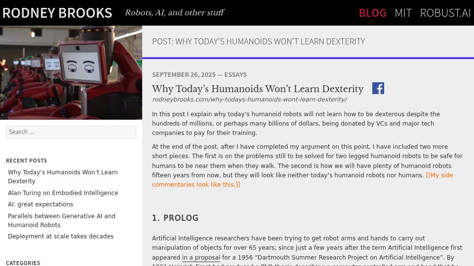 Screenshot of rodneybrooks.com: Why today's humanoids won't learn dexterity