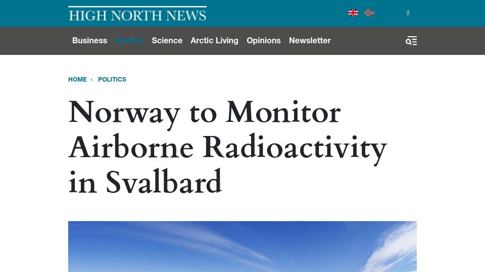Screenshot of highnorthnews.com: Norway to monitor airborne radioactivity in Svalbard