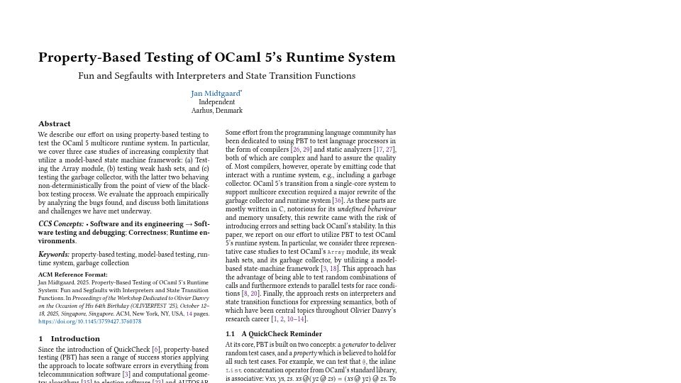 Screenshot of janmidtgaard.dk: Property-Based Testing of OCaml 5's Runtime System [pdf]