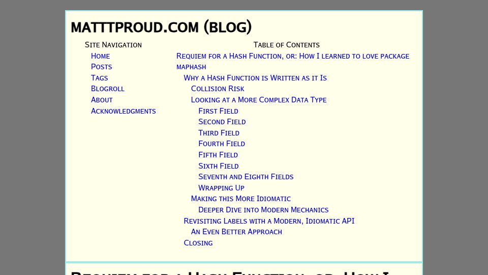 Screenshot of matttproud.com: Requiem for a Hash Function, or: How I learned to love package maphash