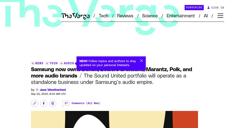 Screenshot of theverge.com: Samsung now owns Denon, Bowers and Wilkins, Marantz, Polk, and more audio brands