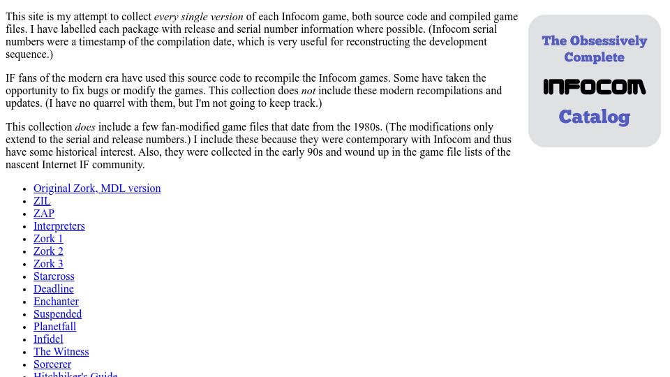 Screenshot of eblong.com: The Obsessively Complete Infocom Catalog