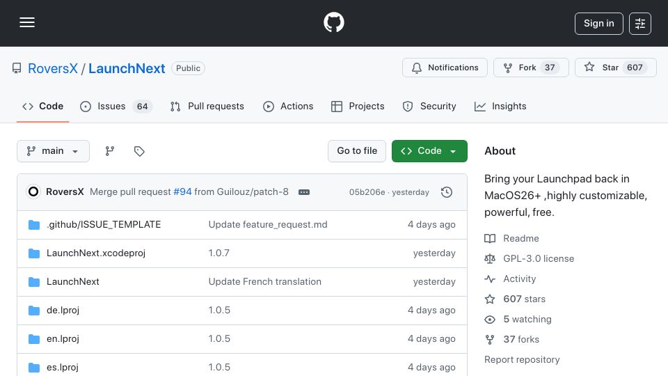 Screenshot of github.com: Show HN: An open source Launchpad for macOS 26