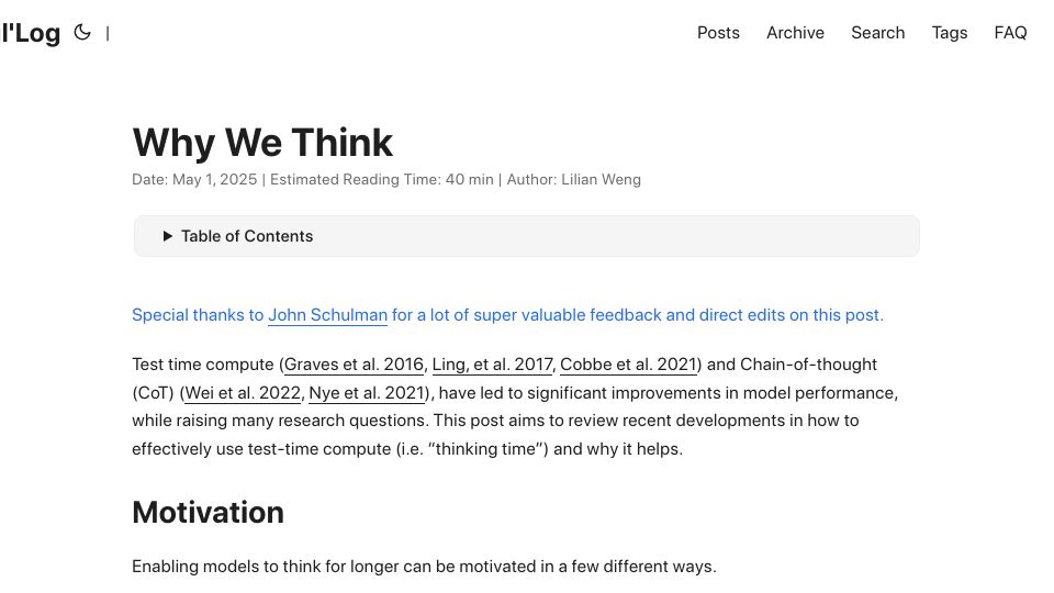 Screenshot of lilianweng.github.io: Why We Think